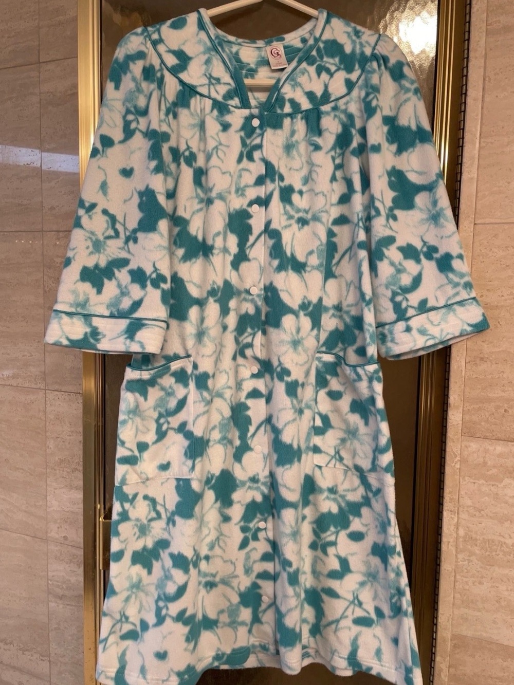 Vintage GS Snap Front White/green Housecoat Robe W/Pockets Women's Size Small